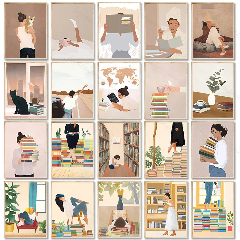 Vida engraçada moderno criativo fotos boa leitura menina livros pintura da lona parede nórdico cartazes e impressão para sala de estar decoração
