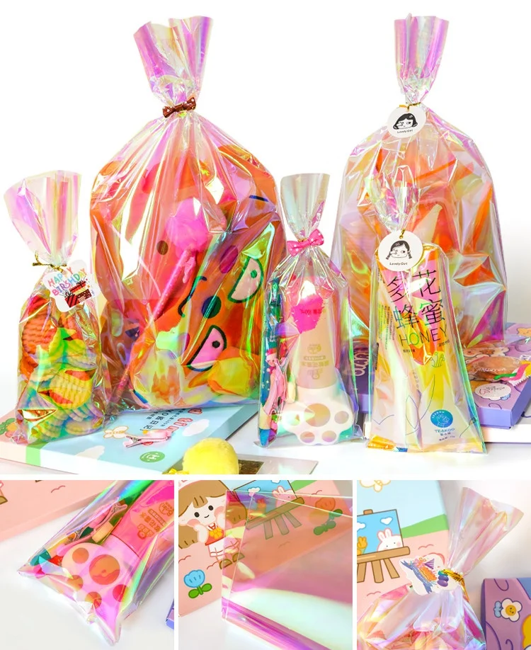 50PCS Glossy Holographic Laser Open Top Bag, Gold Ties Spice Bread Snack, Sugar Flower, Wedding Gifts, Rainbow Storage Pouches