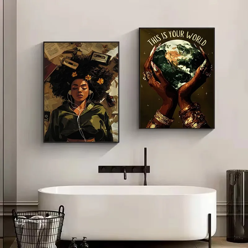 Fashion African Black Woman Playing Chess Planting Flowers Motivational Poster Canvas Painting Wall Art Pictures Home Decor