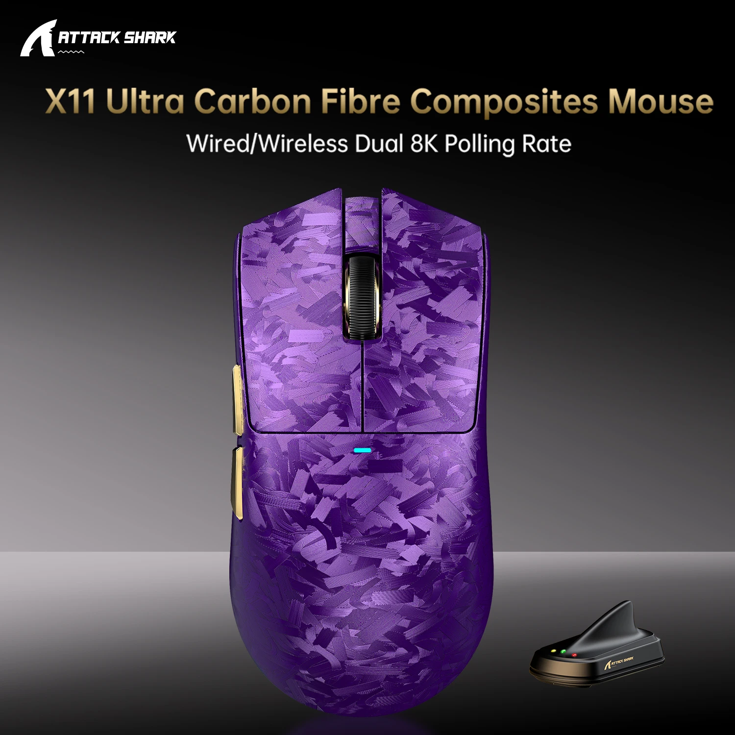 

Attack Shark X11 Ultra Wireless 8K Gaming Mouse 59g Superlight Nano-Metal Ice Coating PAW3950MAX Carbon Fiber for Esports