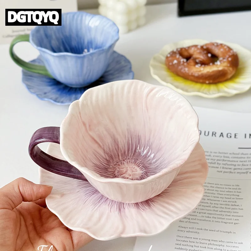 Tasse à café en céramique créative avec soucoupe, décoration florale tridimensionnelle, tasse à latte délicate, tasse à café pour le petit-déjeuner à la maison, tasse à flocons d'avoine