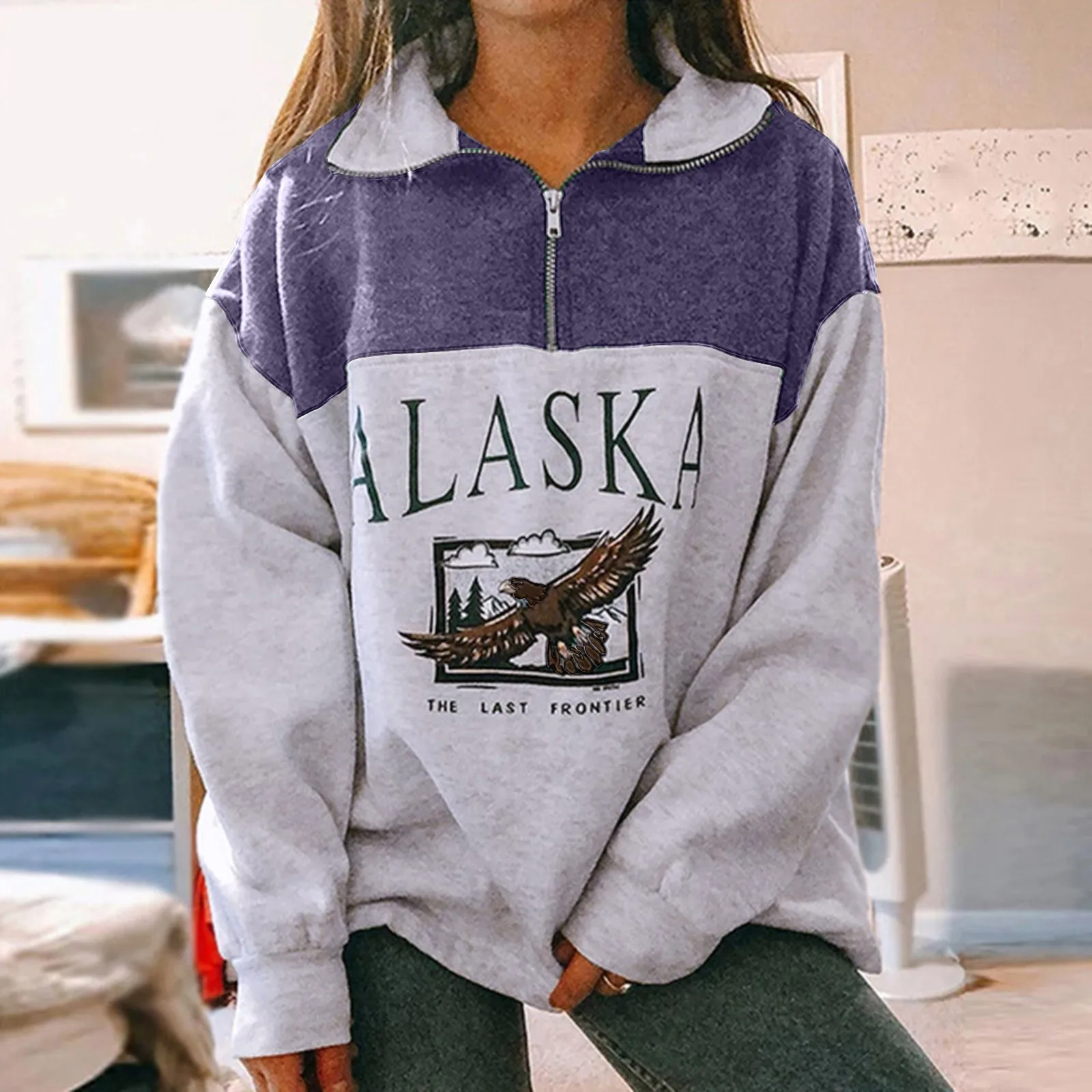 

Casual Printed Tops For Women Sleeve Long Long Printed Sleeve Sweatshirts Half Zipper Lapel Collar Pullover Coat 2024 Autumn