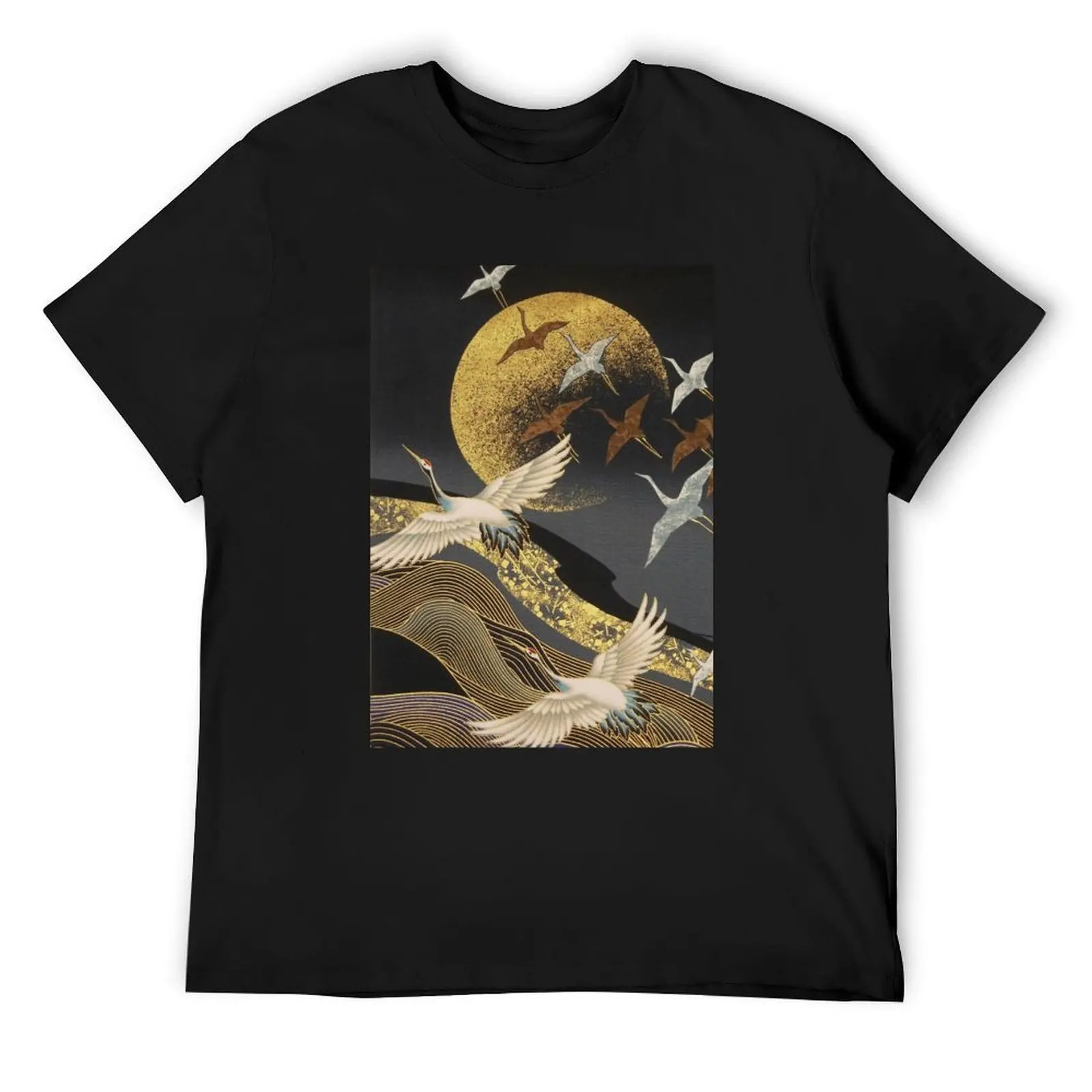 Japanese Cranes flight to golden moon T-Shirt sublime customs plain heavy weight t shirts for men