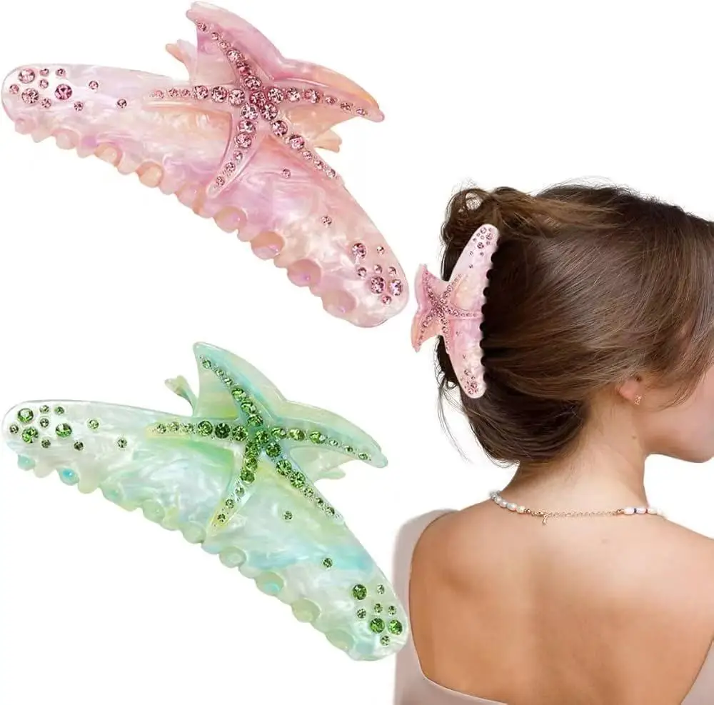 1pc Large Diamond Set Starfish Hair Clip，Summer Beach Starfish Hair Clip，Non Slip Acetate Power Hold Chin Hair Clip image 2
