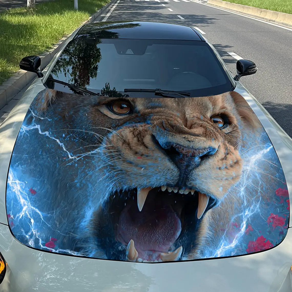 

Fierce Blue Lightning Lion Car Hood Decal, Durable Car Vinyl Packaging Suitable For Most Vehicles, Car Hood Protective Film