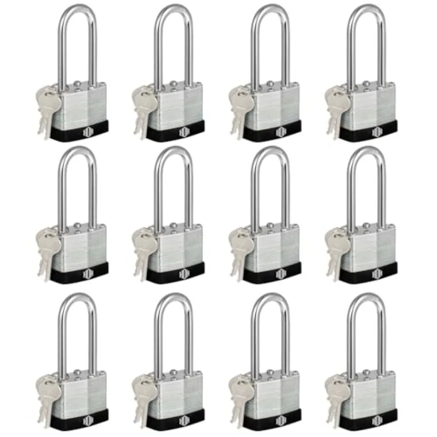 

Keyed-Alike Padlocks w/ 2" Long Hardened Shackle, 1-9/16" Wide Body, 12-Pack Shackle Padlock for Hasp Latch, Shed, Fence, Stora