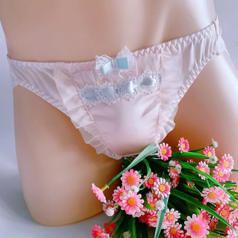 

Мужское нижнее белье в стиле японской Лолиты, нижнее белье Sissy, трусики, сексуальные трусы с кружевной отделкой и милым бантом, кружевные трусы с оборками и низкой посадкой, трусы через плечо