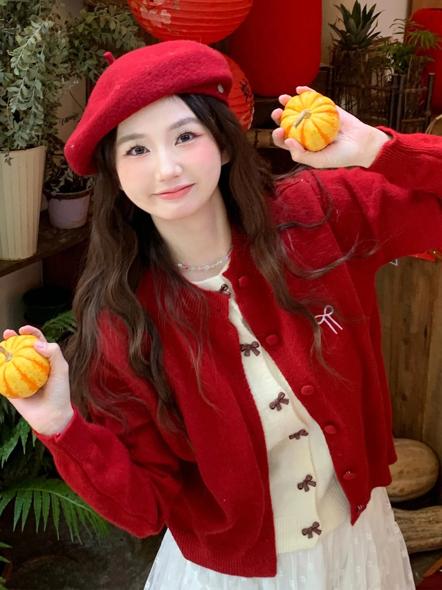 

Korean Sle Red Knot Knitted Open Cardigan Women's Autumn Winter New Year's Faion Sweet Loose Fit Long Sve Top