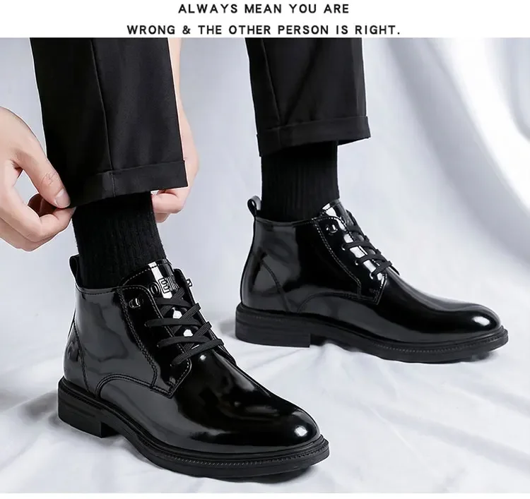 Glänzend schwarze Schnürstiefeletten für Herren, hohe Schafthöhe, dicke Sohle, modische, lässige Business-Herrenschuhe – Detail 9