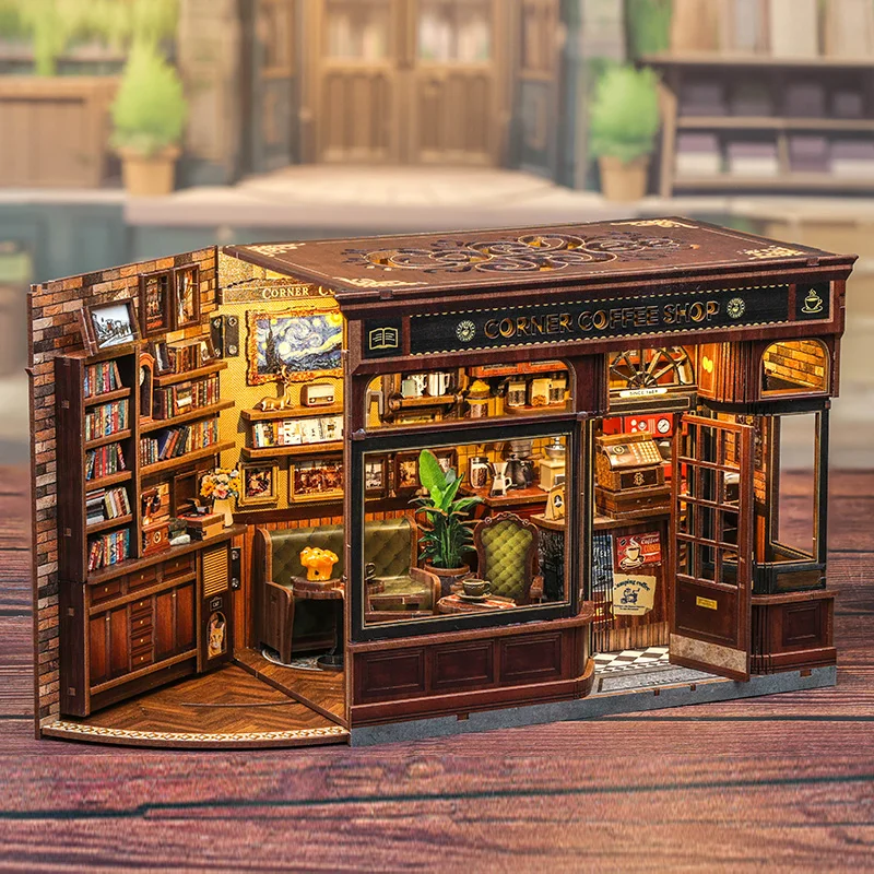 CUTEBEE Book Nook Kit 3D DIY Dollhouse with LED Light Bookshelf Insert Street Shop Series Miniature Model For Home Party Decor