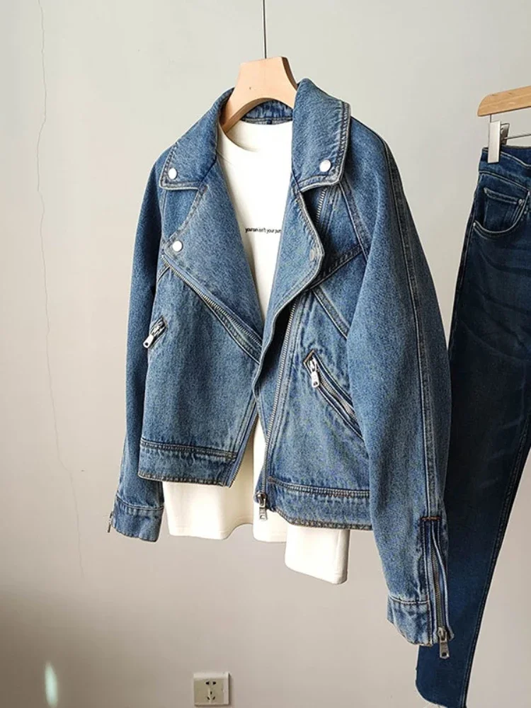 Fitaylor Spring Autumn Women Denim Jacket Casual Lady Moto Biker Coat Vintage Lapel Zipper Jacket