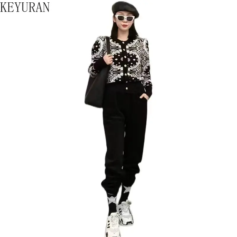 Jacquard Puff Sleeve Pullover Sweater Mujer 2023 Spring Autumn Korean Fashion O-Neck Long Sleeve Knitted Cropped Cardigan Women