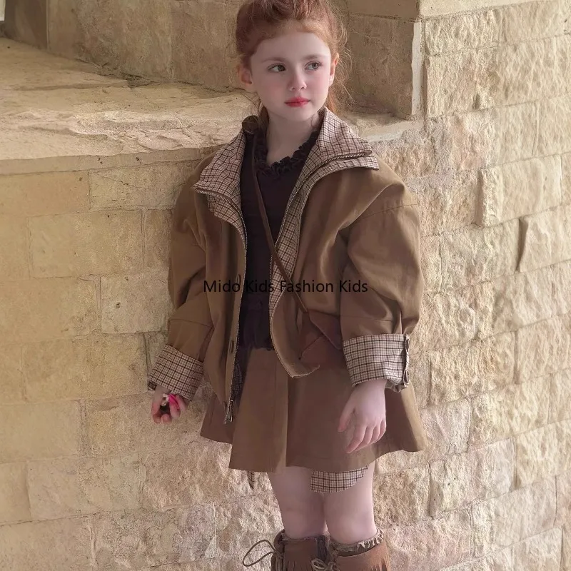 

Parent Child Matching Outfits Plaid Coat and Skirt Set 2025 Spring Autumn Winter New Fashion 90-140cm