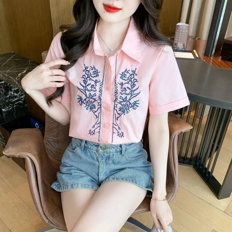 

New Summer New Chinese Style Retro Embroidered Pure Cotton Shirt for Women Short-sleeved Temperament Cotton Top Fashionable
