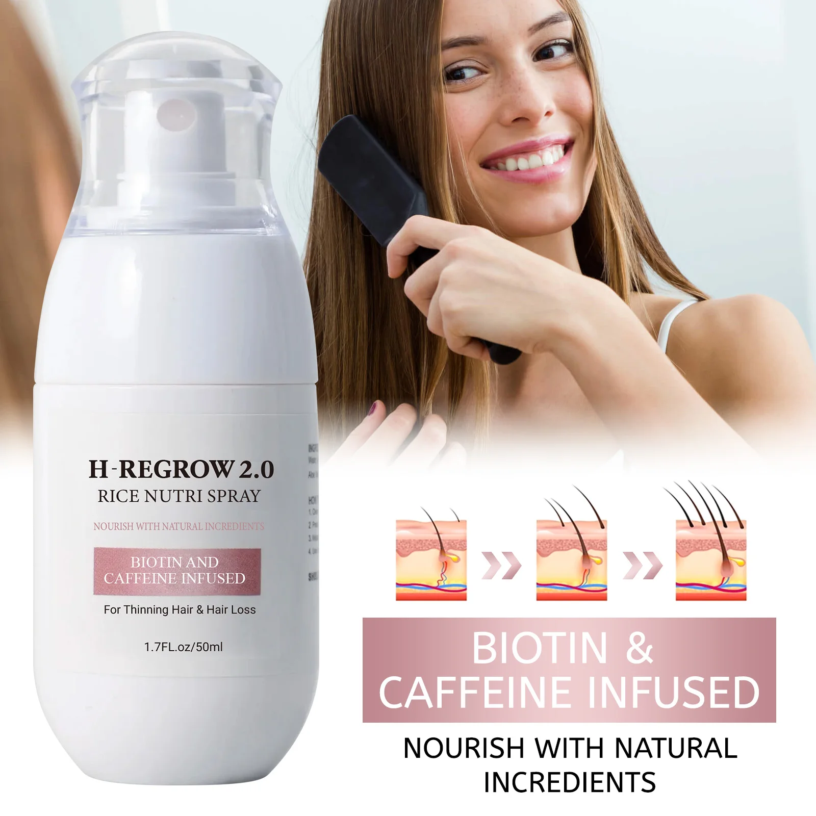 Spray naturel de croissance des cheveux au riz et à la biotine 50 ml - Traitement anti-chute avec extrait de caféine et de gingembre pour cheveux clairsemés