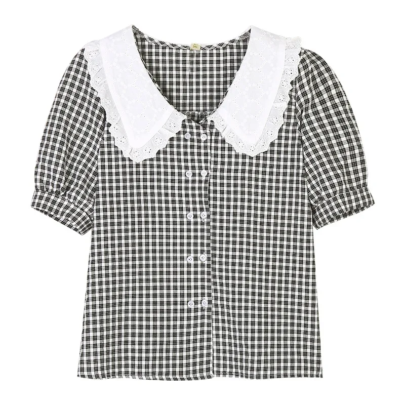 Plaid Shirts Women Peter Pan Collar Sweet Loose Lace Button Retro Puff Short Sleeve Blouses Design French Style Summer Mujer Top