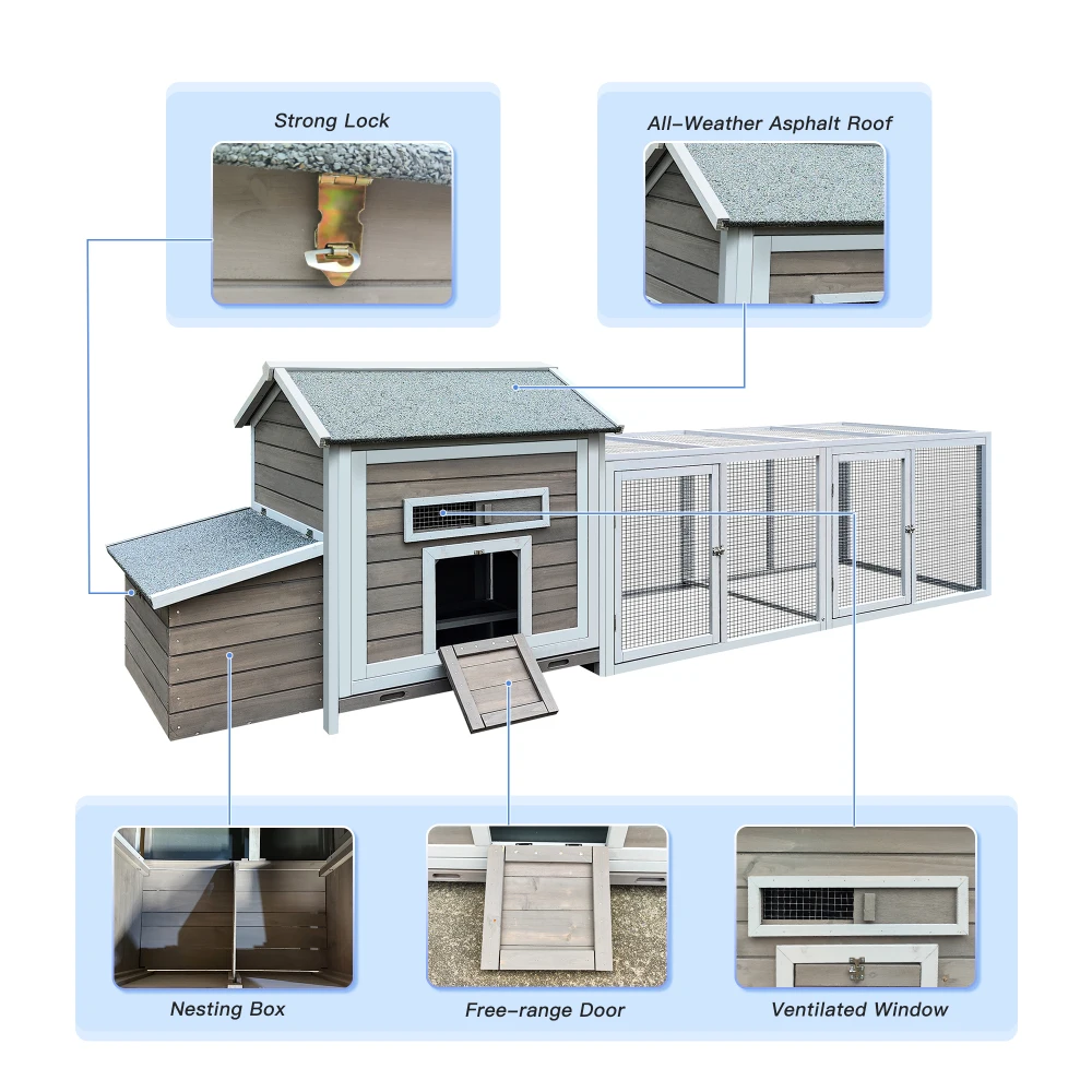 118＂Wooden Chicken Coop Outdoor Hen House Poultry Cage with Free-range Doors, Nesting Box,Leakproof Pull-on Tray Chicken Coop