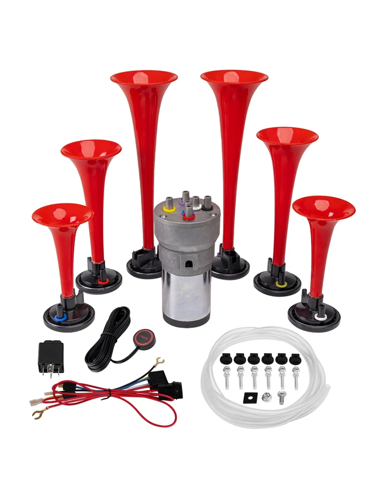 FARBIN Musical Horn 6 Trumpet Music Sound Air Horn with Compressor Play Godfather Melody Red 12V 150db for Train Truck Car Boat