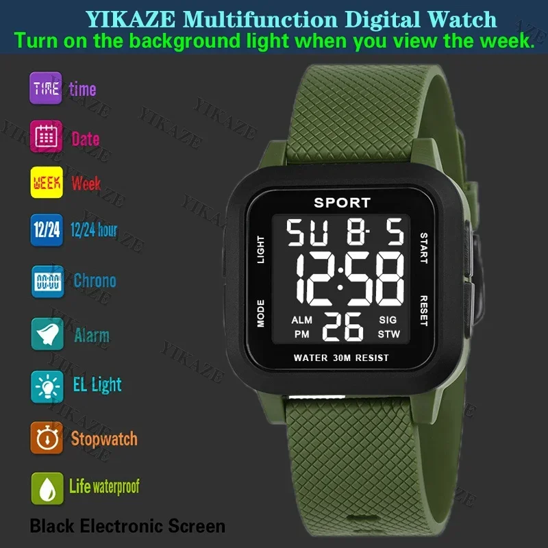 YIKAZE Men Sports Watch Back Light Display Countdown Men\'s Digital Watches 3Bar Waterproof Military Clock Alarm Wristwatch