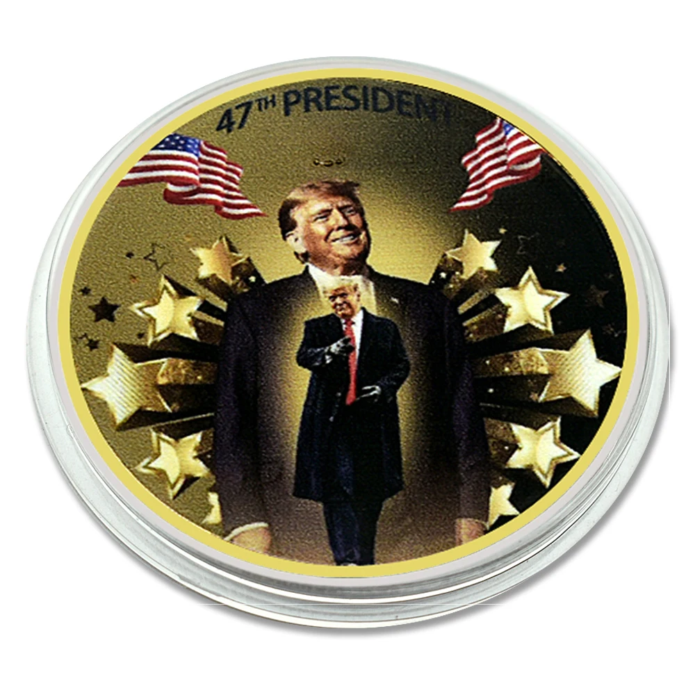 2024 47th US President Donald Trump Gold Plated Challenge Coin 45th To 47th Metal Medal with Plastic Case Art Craft