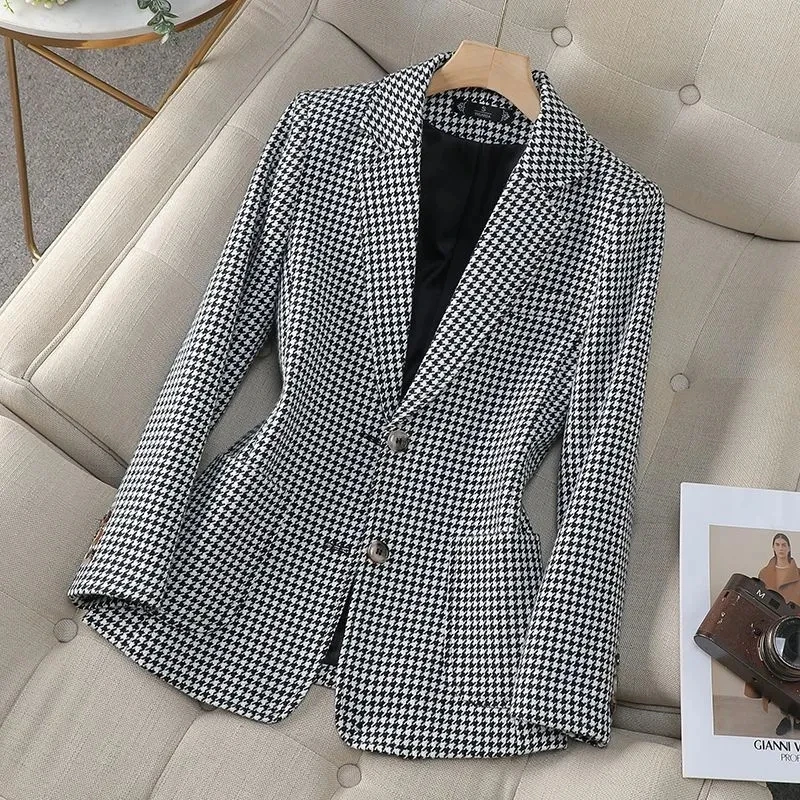 Korean fashion temperament, Thousand Bird style professional Suit Jacket, 2025 Spring Autumn New Blazer Coats,Female Suit Top