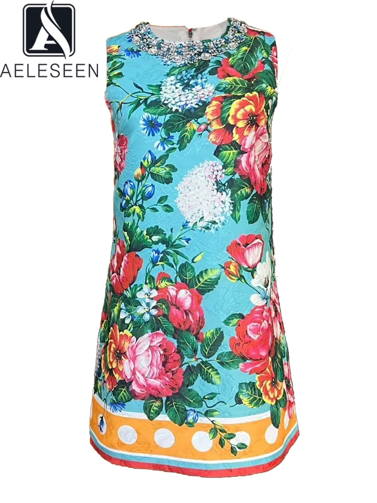 

AELESEEN Fashion Designer Summer Dress Women's Tank Sicilian Flower Print Luxury Beading Crystal Dots Jacquard Mini Holiday