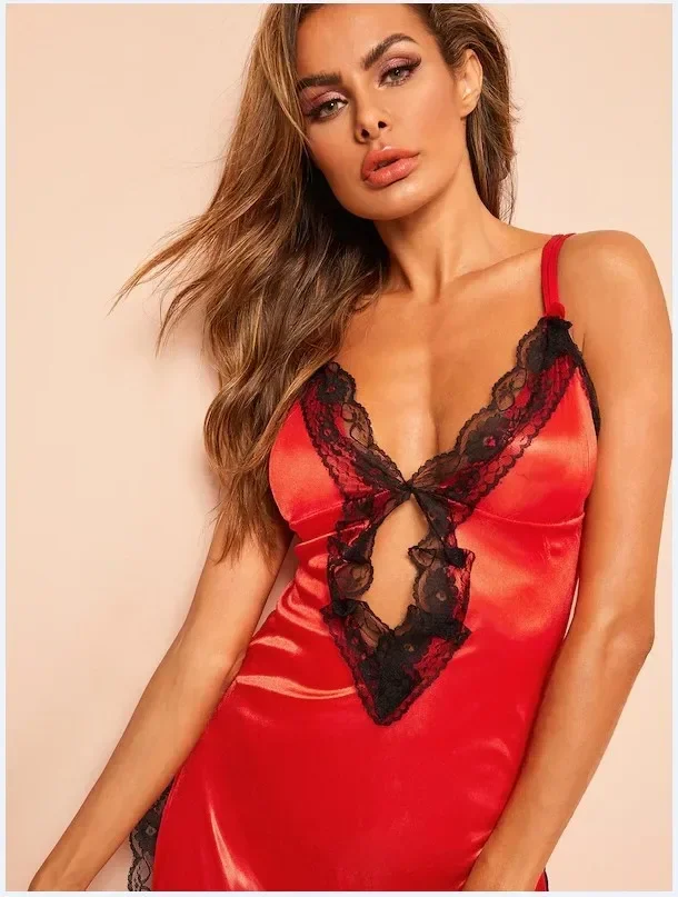 

Sexy Lingerie Women's Pajamas Dress Sexy Two Side Vents Hollowed Out Spaghetti Strap Sleep Dress Night Dress ens Nightgown