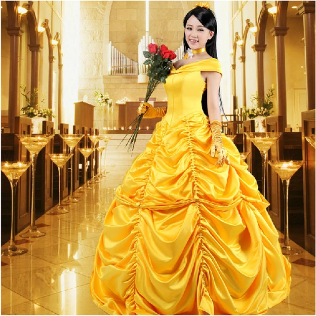 2024 Fairy Tale Cosplay Beauty And The Beast Costumes Adult Princess Belle  Costume Fancy Girls Flower Yellow Party Long Dress - AliExpress