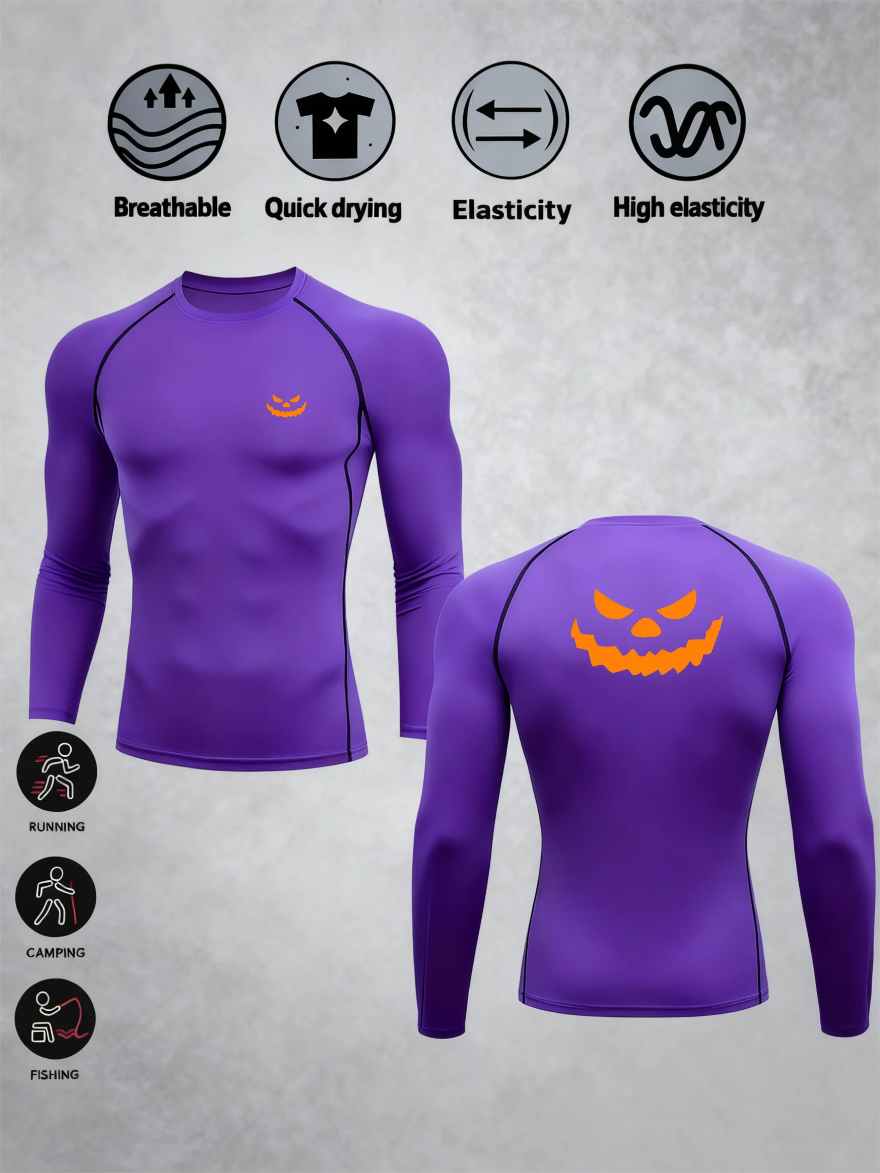 Men's Ghost face print quick-dry Compression  Sports Shirt Turtleneck Long Sleeve Guard Gym Base Layer Athletic Undershirt Gear