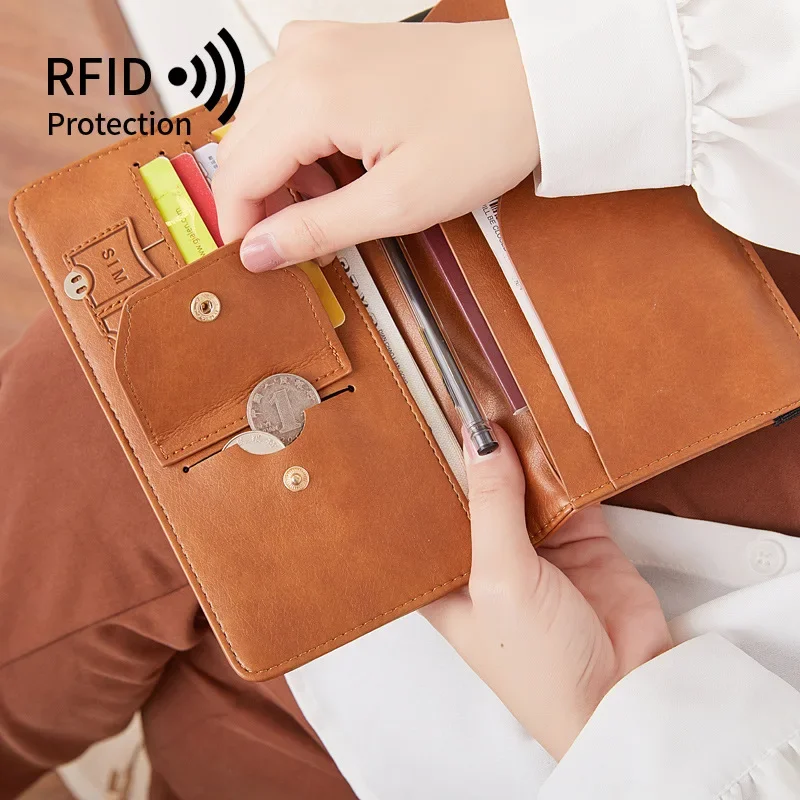 Cartera de pasaporte RFID para hombres y mujeres, Cartera de cuero PU, bolso de mano para teléfono, monedero delgado para tarjetas de viaje, Carpeta