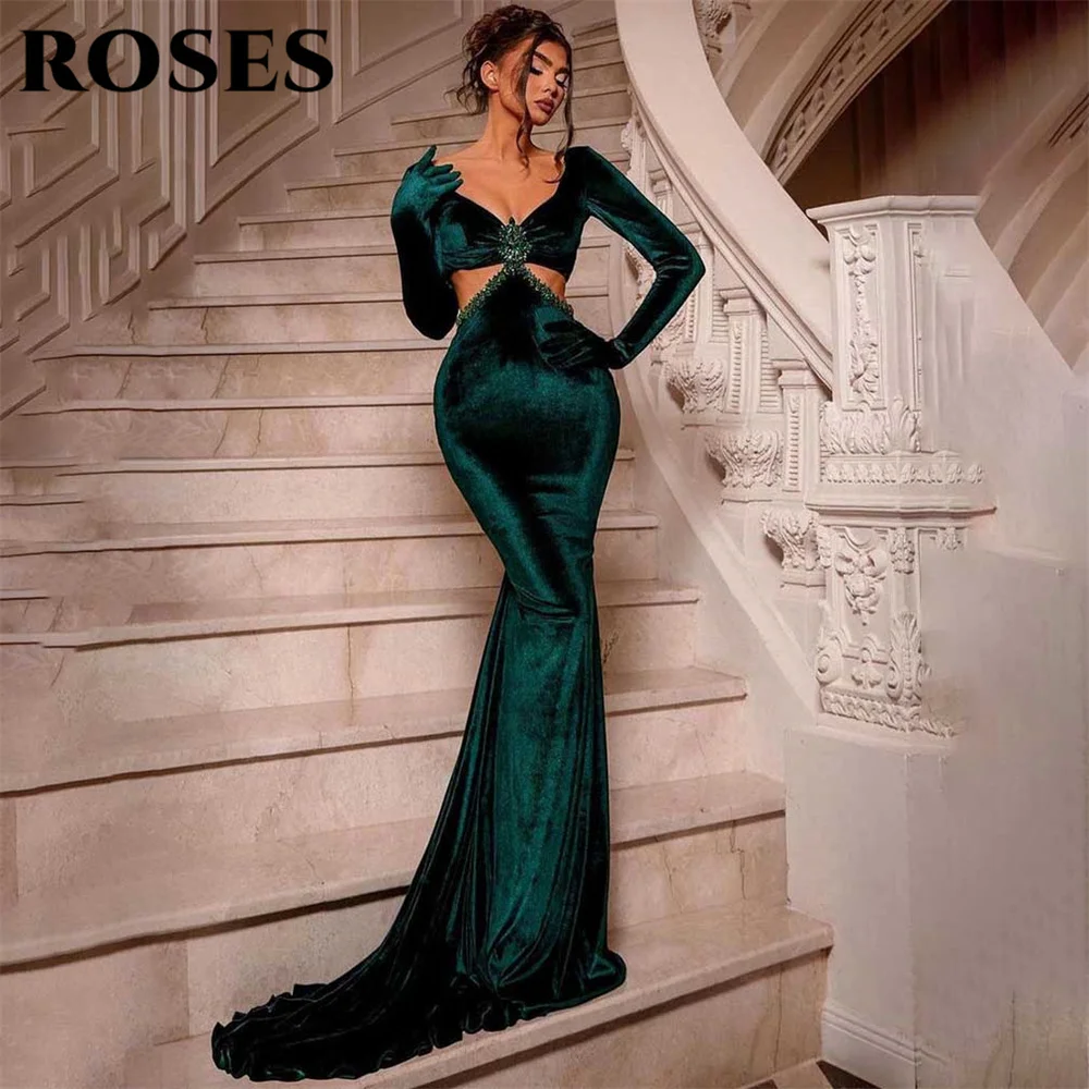 

ROSES Simple Green Evening Dresses Regular Sleeve Mermaid Party Dress with Pleats Satin فساتين مناسبة رسمية Crystal Prom Dresses