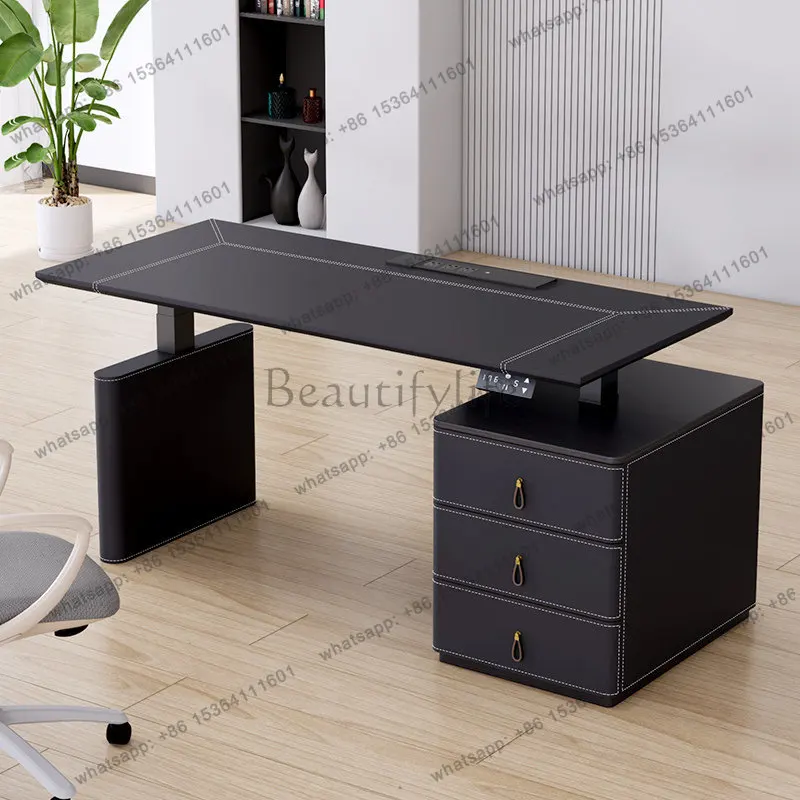 

Electric lift computer desk, bedroom saddle leather desk with auxiliary cabinet can be customized
