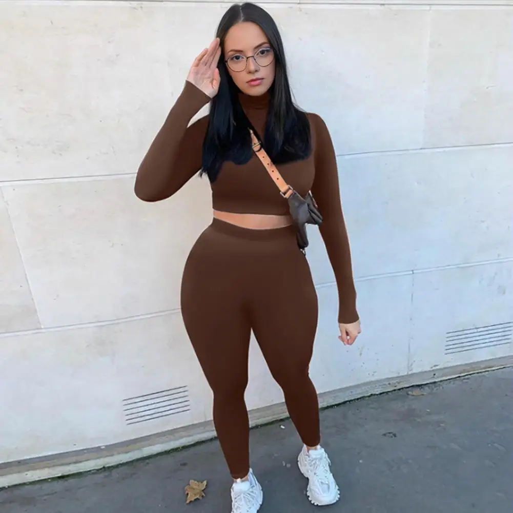 

Women Workout Two Piece Outfits Long Sleeve Crop Top High Waisted Legging Pants Set Solid Color Slim Fit Jogger Track Suits