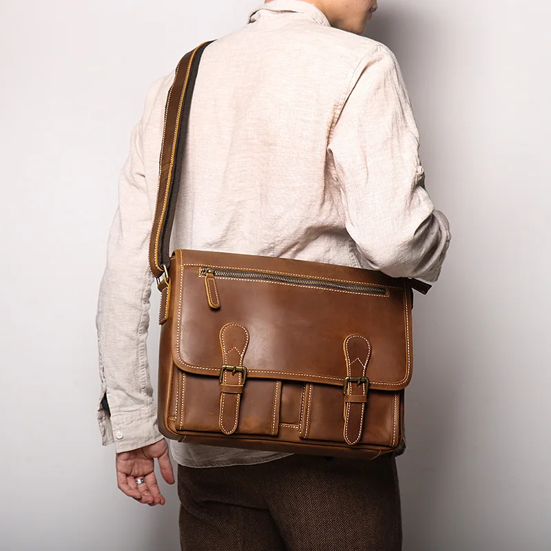 Large leather messenger bag for men real cowskin crossbody bags shoulder bags school bag of male for iPad PC big capacity