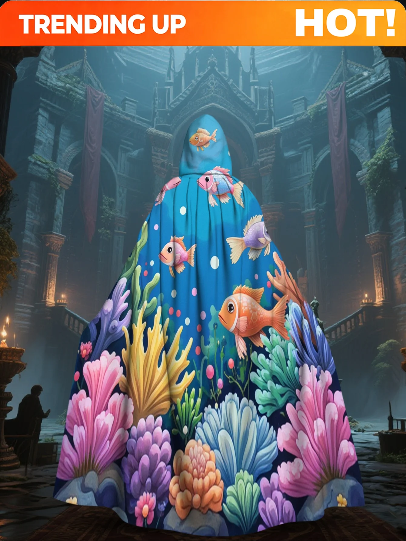Customization 1pc Of 2D Flat Printing Must-Have Hooded Cape For Travel Featuring Watercolor Fish And Coral, Made Of 100%