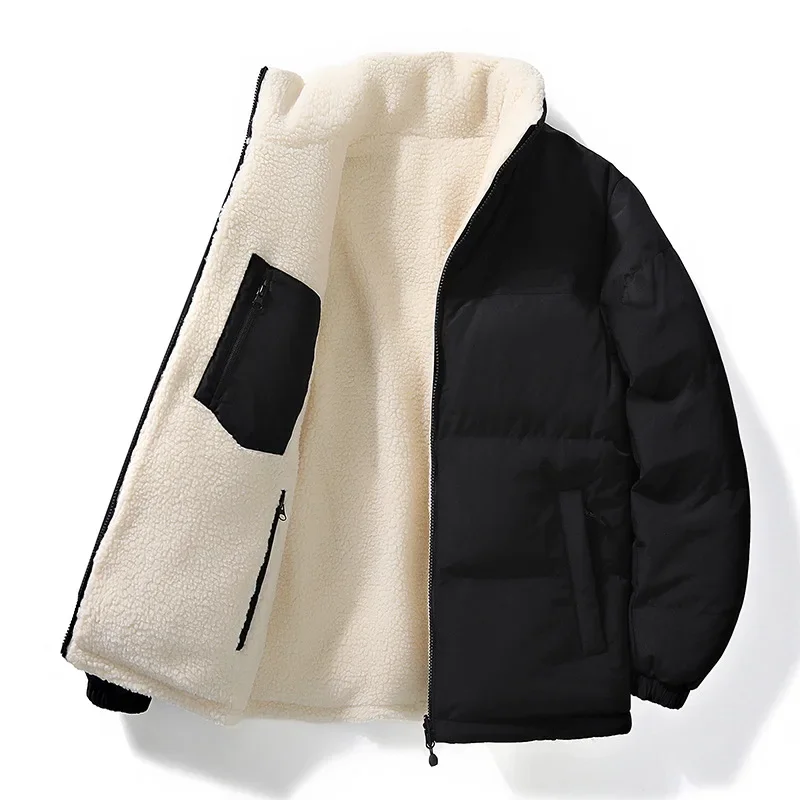 Men Parkas Coats Lamb Wool Lined Jacket Solid Pockets Long Sleevs Zipper Fly Loose Fit Casual Office Lady Autumn Winter