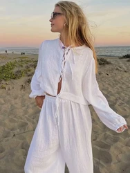 White Casual 2 Pcs Cotton Long Sleeve Cardigan Wide Leg Pants Set Pajamas for Women Outfits Loose Spring Summer Beach Set Suit