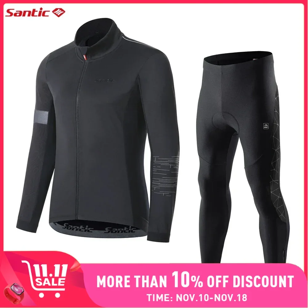 Santic Cycling Jacket Set Winter Windproof Thermal Outfit Outdoor Reflective MTB Bicycle Clothing 4D Padded Fleece Pants Suits