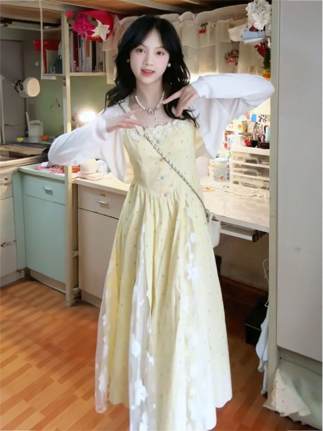 

Sweet Gentle Lady Style Yellow Floral Print Halter Dress White Sun Protection Shoulder Shawl Women Two Piece Set Long Sleeve