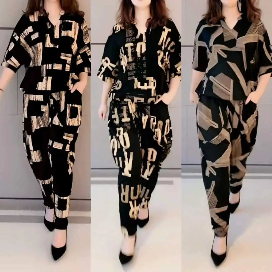 Casual Fashion Geometric Letter Printing Pant Sets Summer 2023 Short Sleeve V-Neck T-shirt Wide Leg Pants Slim Women\'s Clothing