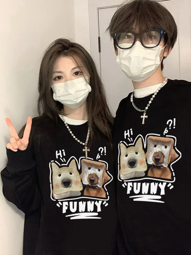 

Funny Bread Dog Couple Sweater 2024 New Casual Loose Hoodies Autumn and Winter Crew Neck Sweater