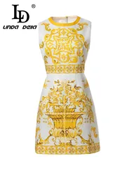 LD LINDA DELLA Fashion Designer Summer Dress Women's Elegant Bohemian Print Sleeveless Temperament Tunics A-Line Vest Dresses