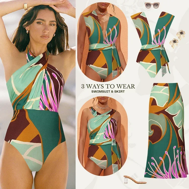 2024 Women's swimsuit  Halter Printed One Piece Swimsuit and Skirt Summer Swimwear Women Beachwear Bathing Suit Bikini set