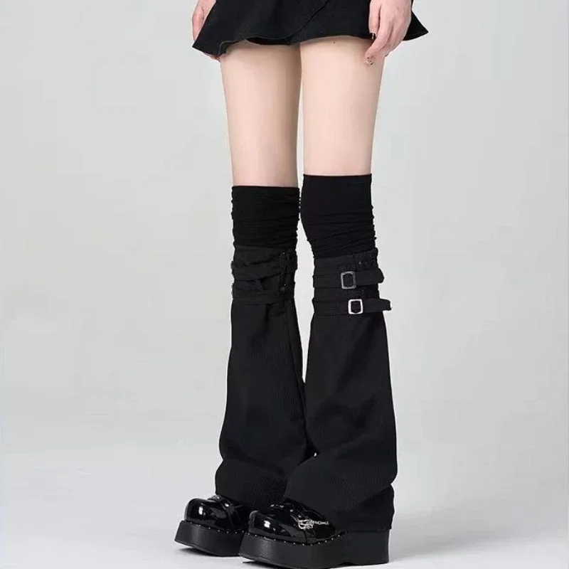Subcultura Harajuku mujeres dulce Lolita Y2K chica hebilla de cuero negro blanco cuerno tubo alto hasta la rodilla sobre calcetines mantener caliente calentadores de piernas
