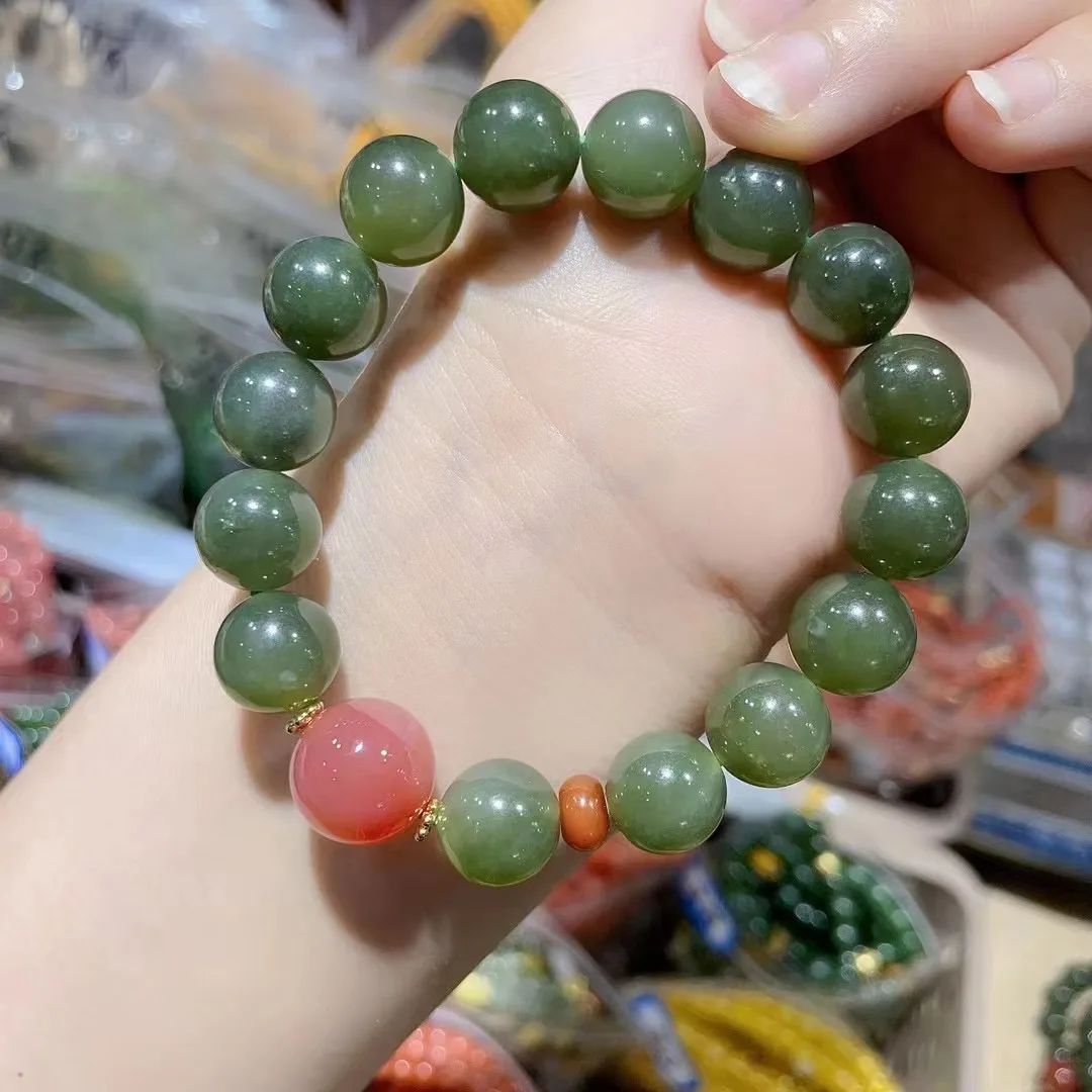 Natural 100% real green hetian jade Carving 12mm round beads bracelets for couples woman men Gift with jade bracelet