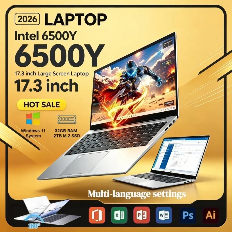 Intel 6500Y Large Screen Laptop 17.3 Inch 16/32GB RAM Durable Windows11 1/2TB BIG SSD Portable Laptop Office Study