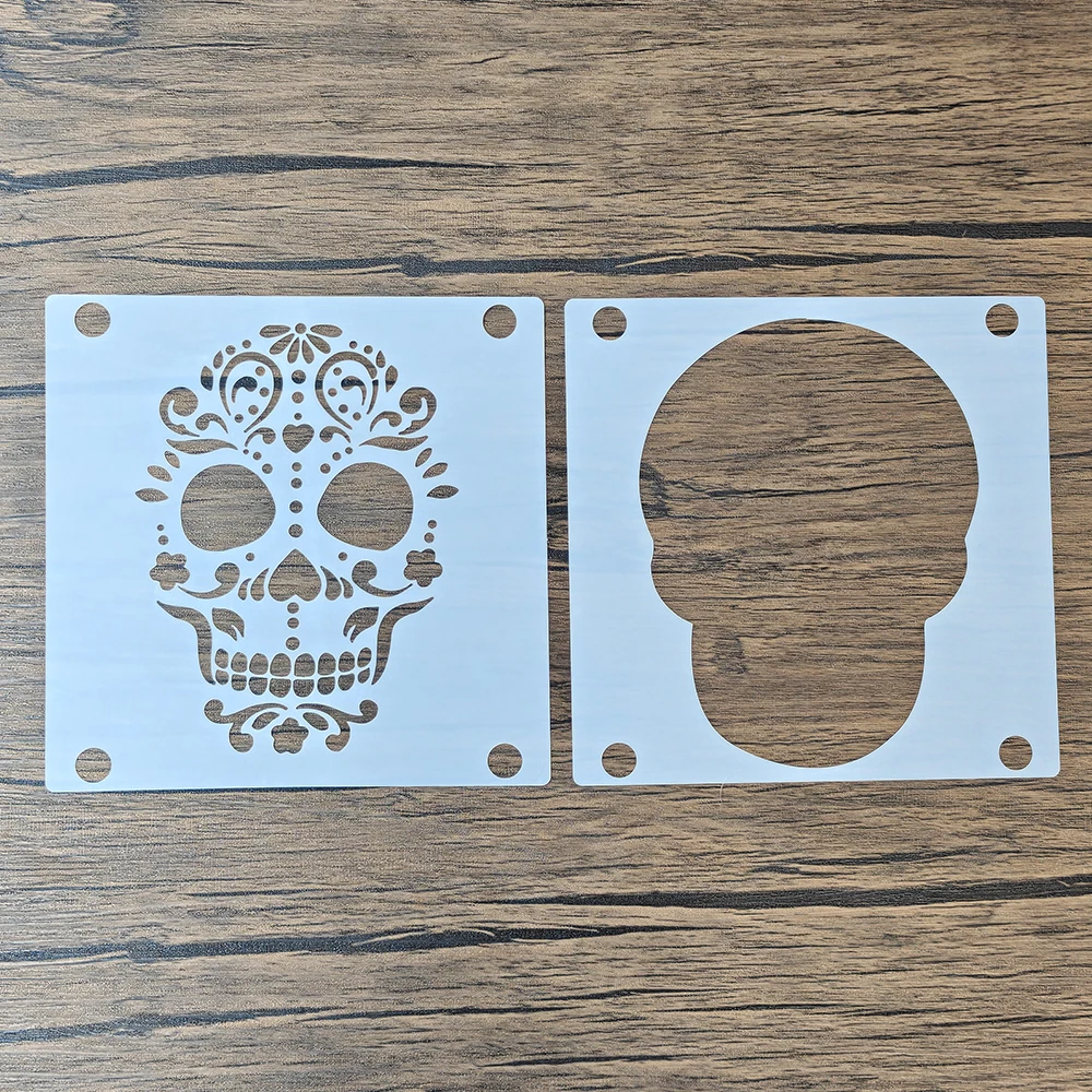 2Pcs Halloween Sugar Skull Spray Stencils, Matching Skull Frame & Floral Skull Template for Cake Cookie Powder Dusting Decor