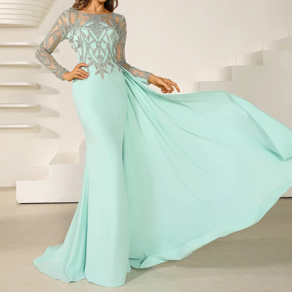 

Customized Mermaid Evening Dresses Floor-length Scoop-neck Full Sleeve Prom Gown Fashion Sequined Simple Draped Party Gown