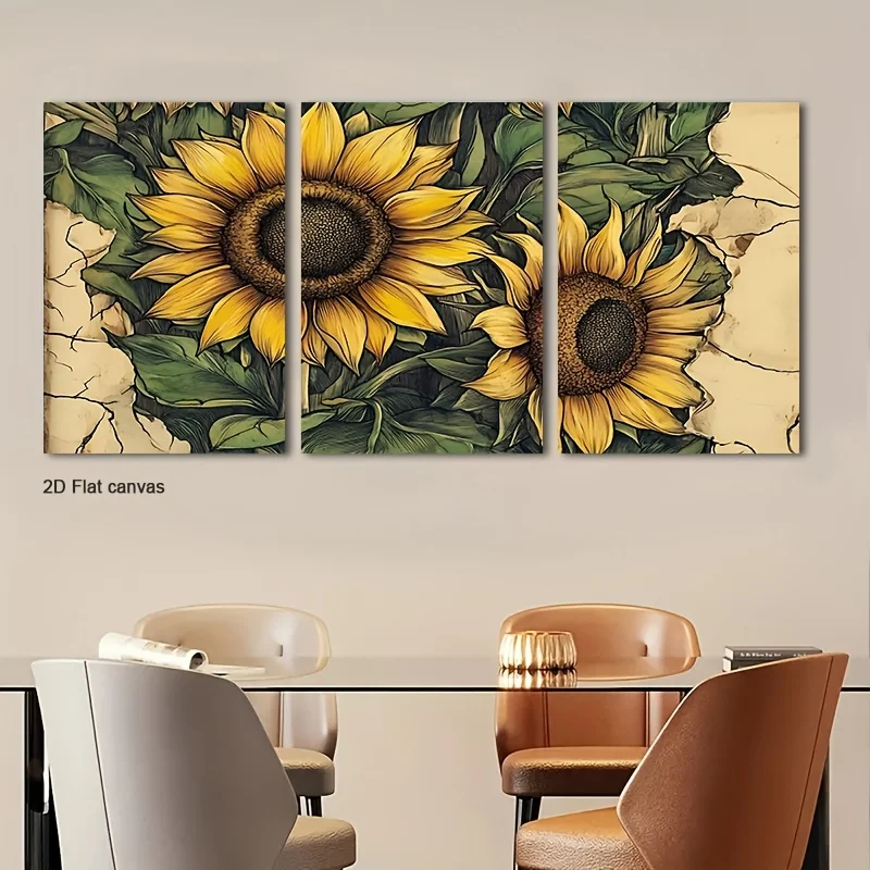 Frameless canvas 3pcs Vintage Sunflower Wall Art  - Realistic Flowers & Foliage Wrapped Canvas Panels,  Paintings Suitable Fo