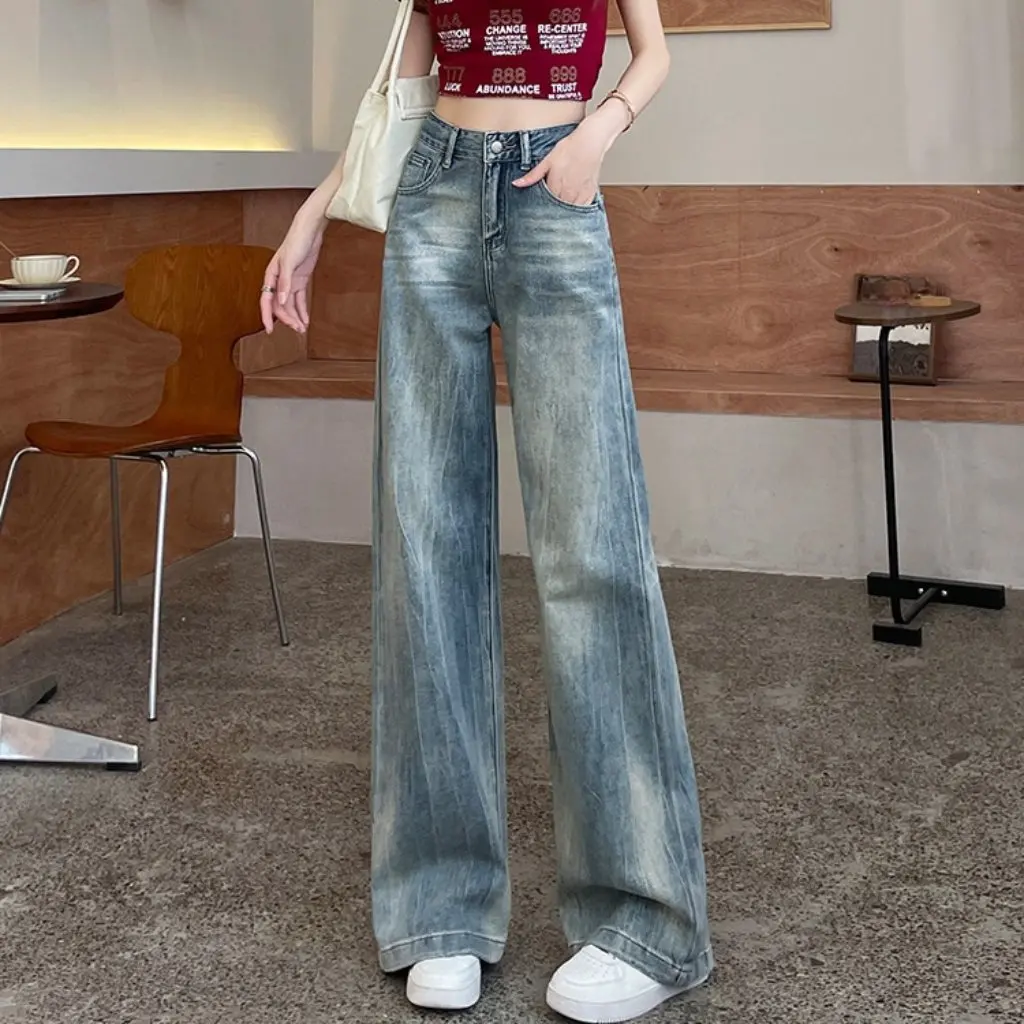 Damskie niebieskie jeansy z szerokimi nogawkami, proste, o kroju slim, długość do podłogi, luźny krój dla niskich osób, nowość na wiosnę i jesień.